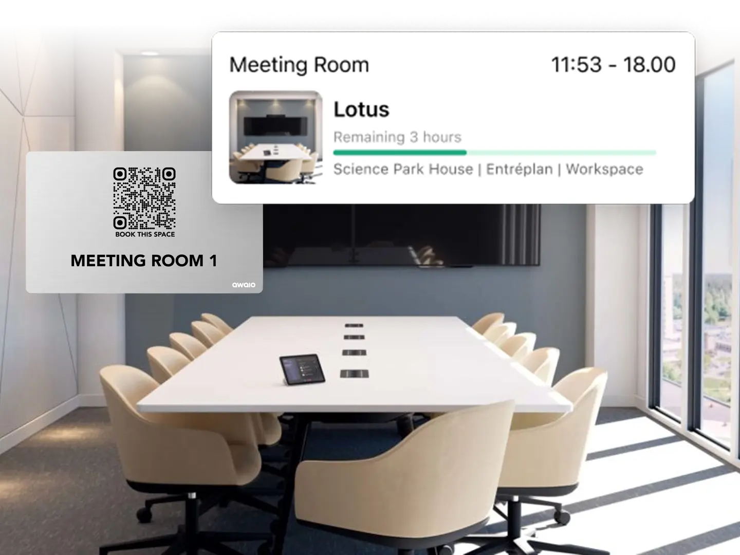 A photo of an Awaio meeting room with QR codes.